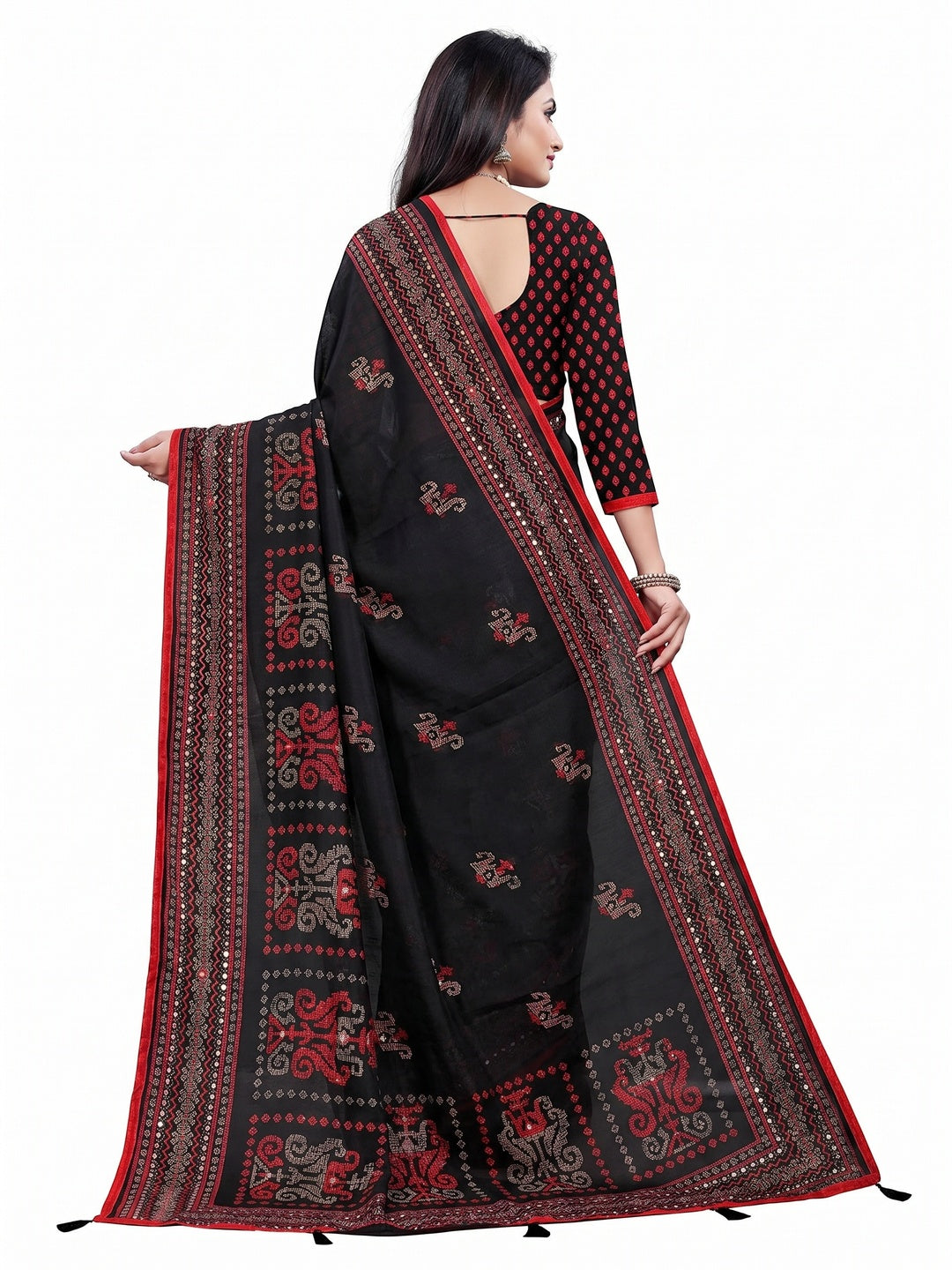 Peachmode Black Jute Silk Saree with Mirror Work - Image 3