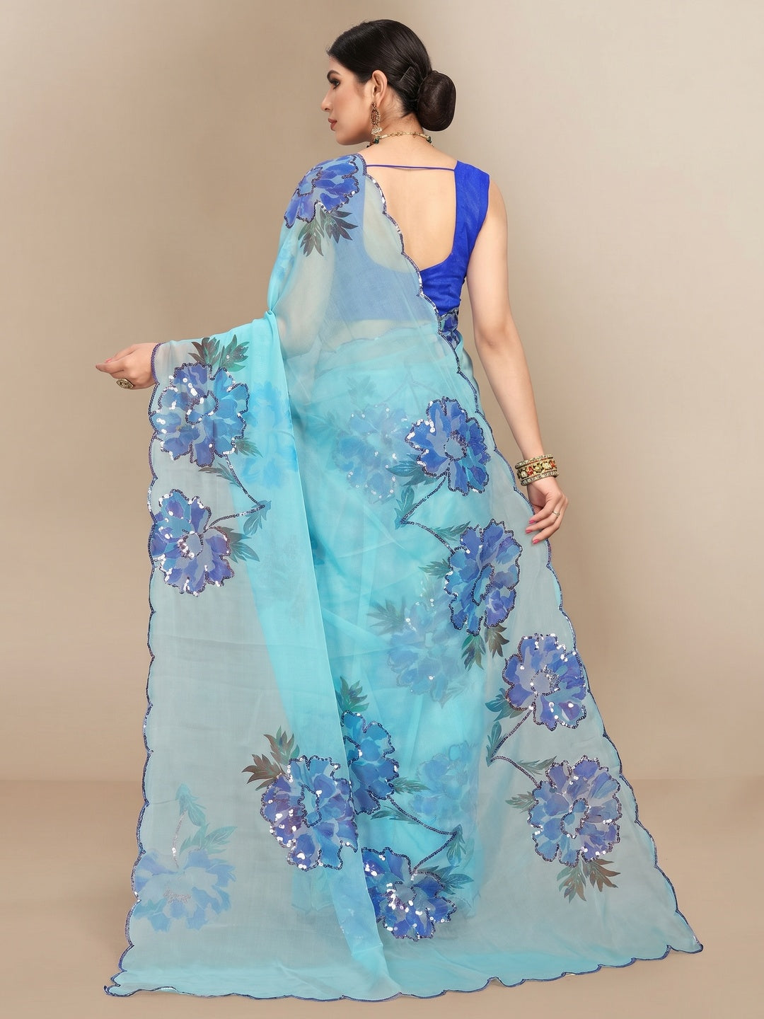 Sky Blue Partywear Sequins & Printed Organza Saree - Image 1