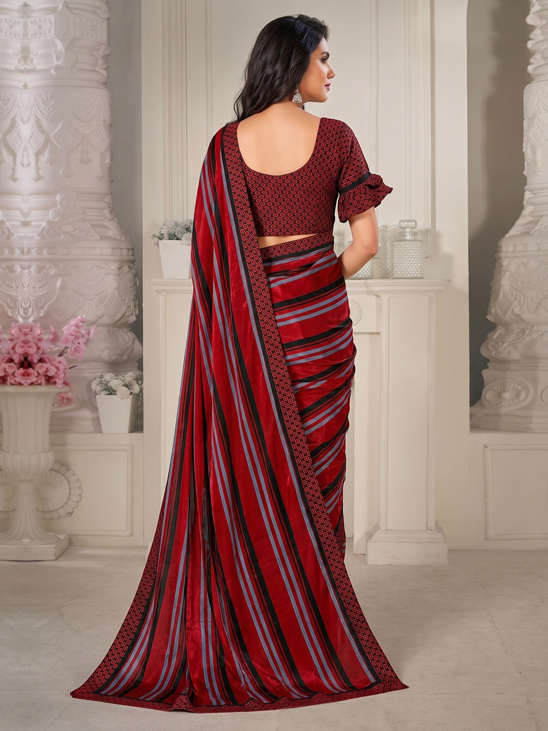 Maroon Casual Wear Printed Satin Saree - Image 1