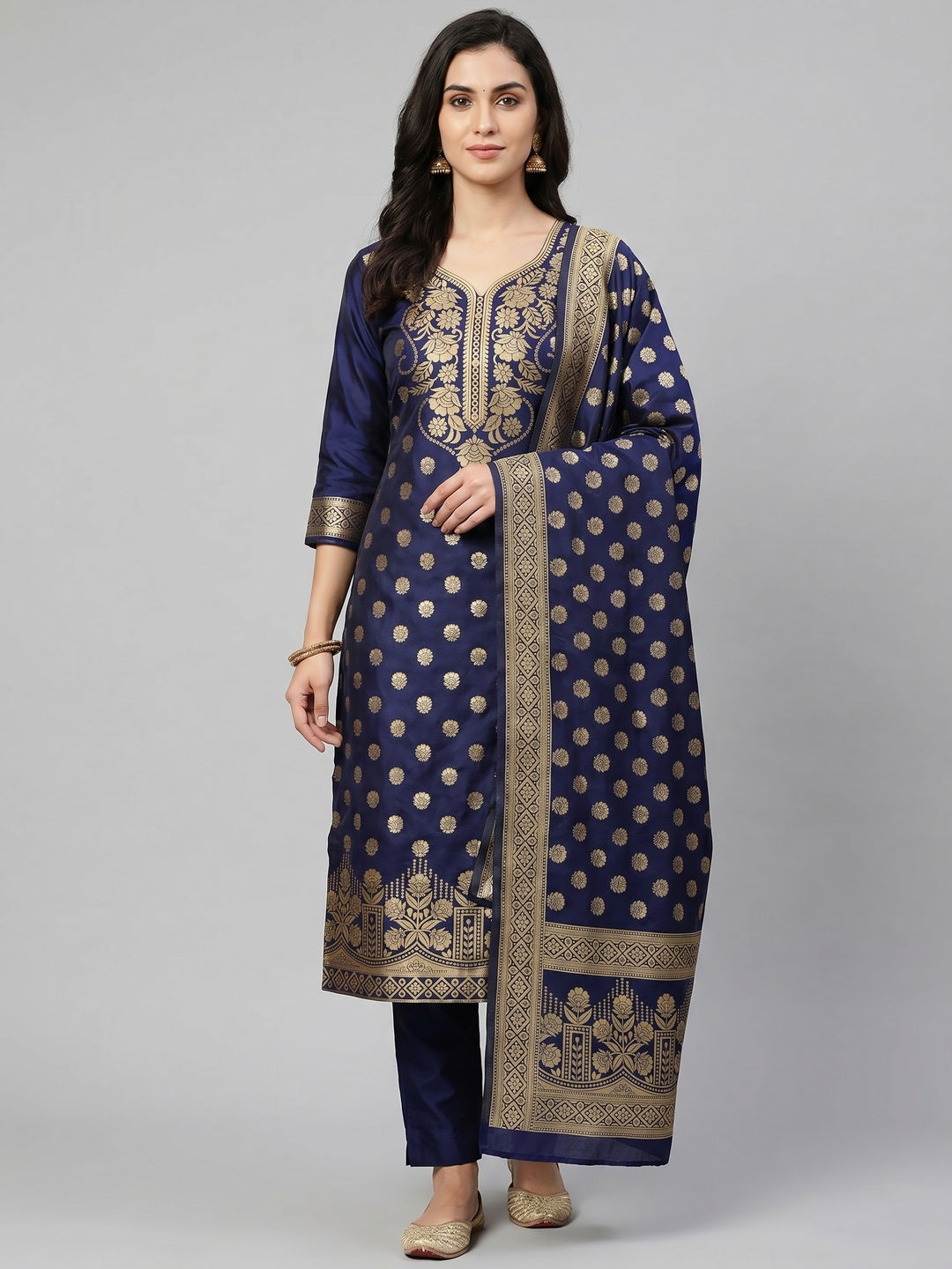 Navy Blue Casual Wear Floral Woven Banarasi Silk Dress Material - Image 1
