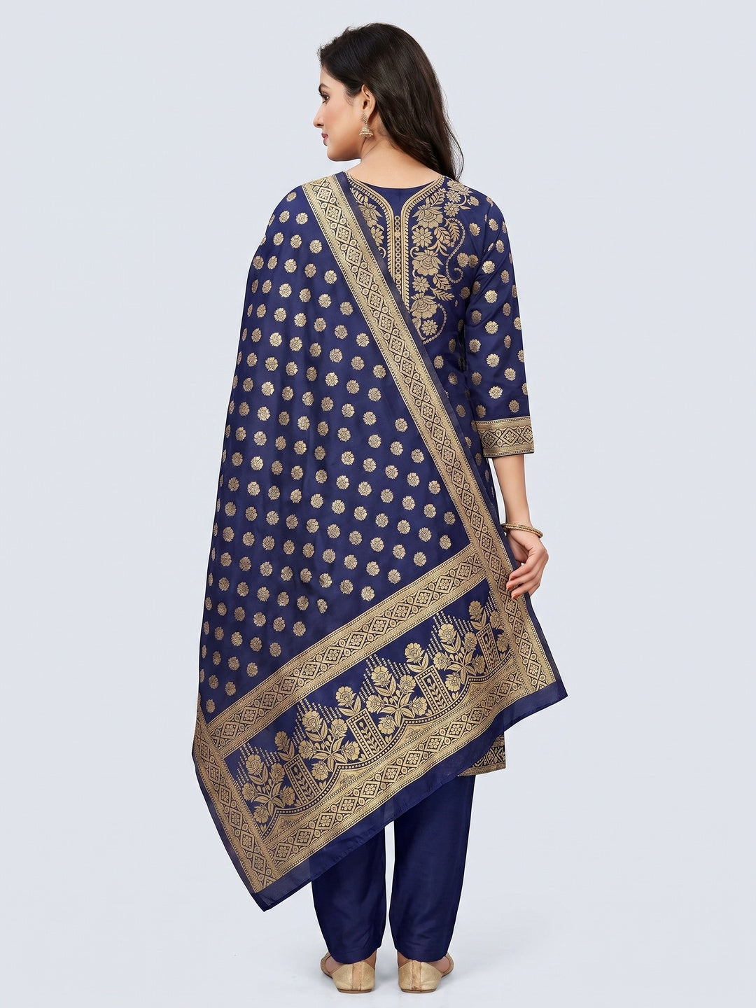 Navy Blue Casual Wear Floral Woven Banarasi Silk Dress Material - Image 2
