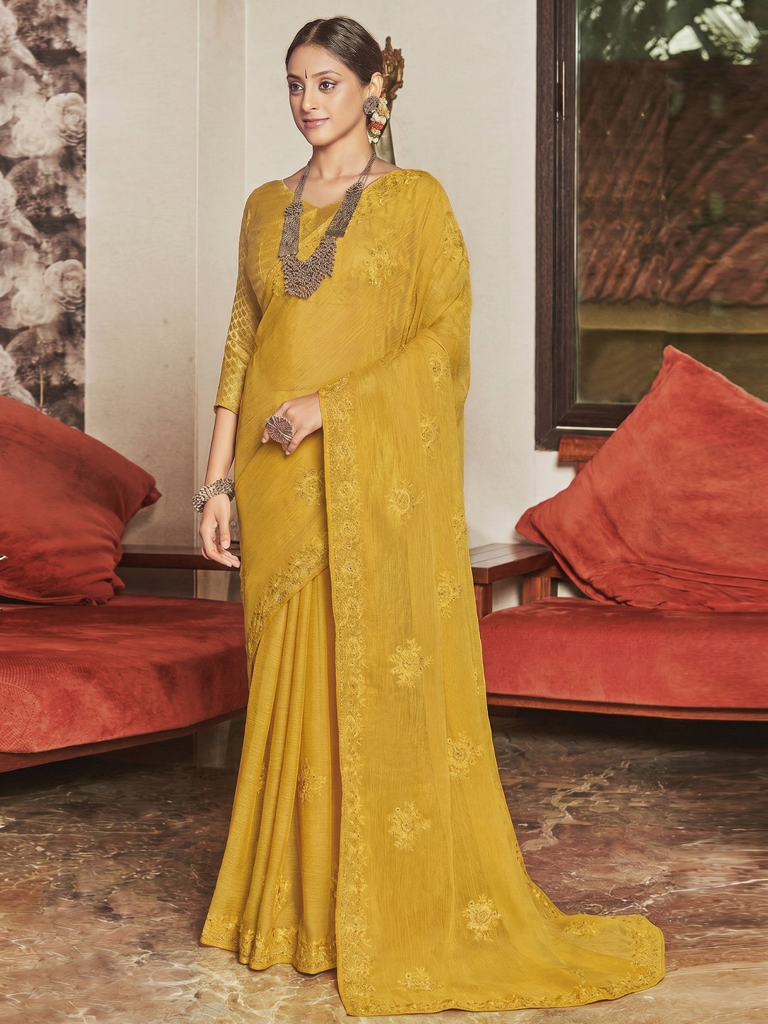 Yellow Partywear Embroidered Chiffon Saree - Image 1