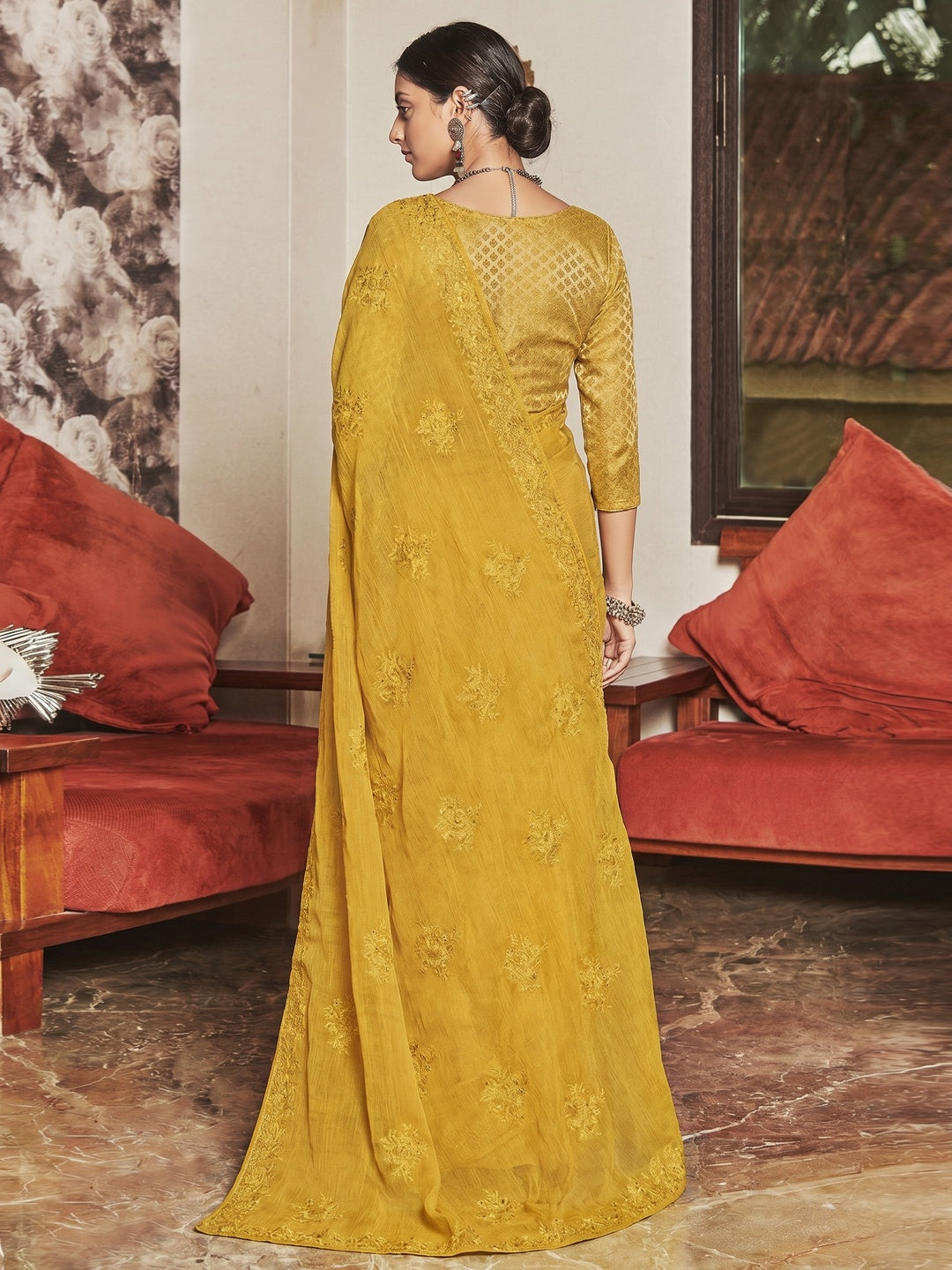 Yellow Partywear Embroidered Chiffon Saree - Image 3