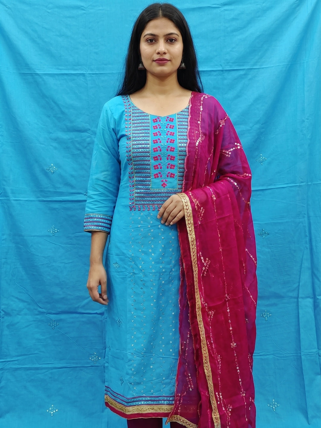 Blue Festive Wear Sequins Embroidered Cotton Dress Material - Image 1