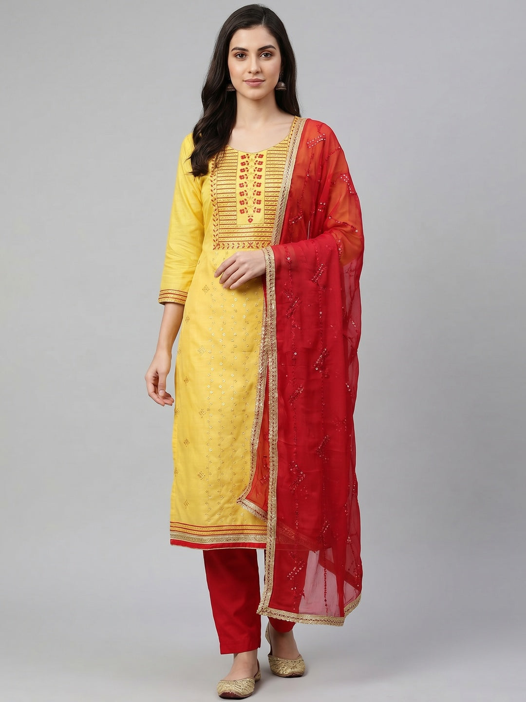 Yellow Festive Wear Sequins Embroidered Cotton Dress Material - Image 1