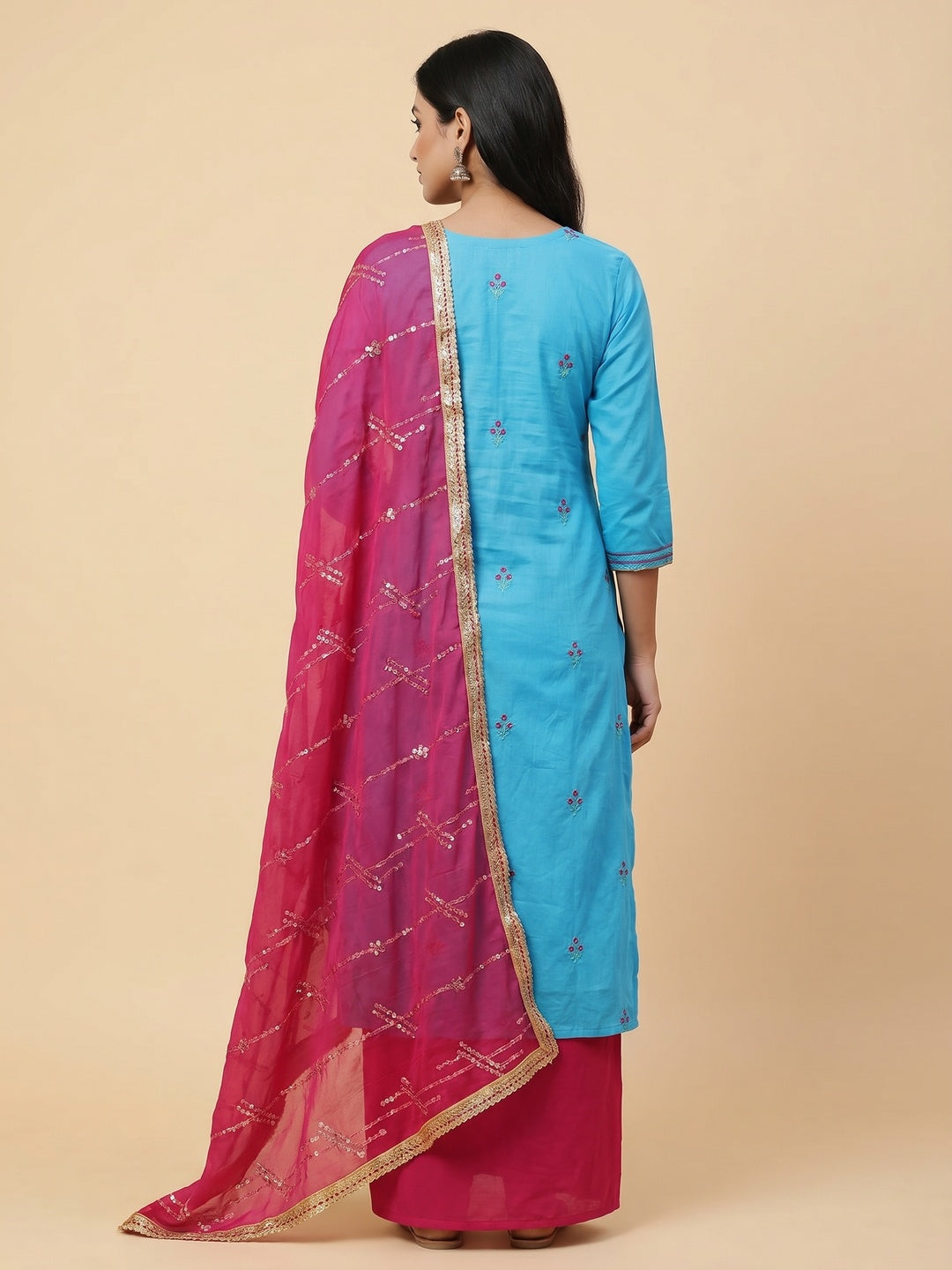 Blue Festive Wear Sequins Embroidered Cotton Dress Material - Image 3