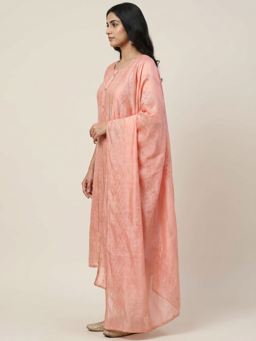 Peach Festive Wear Sequins Embroidered Modal Dress Material - Image 2