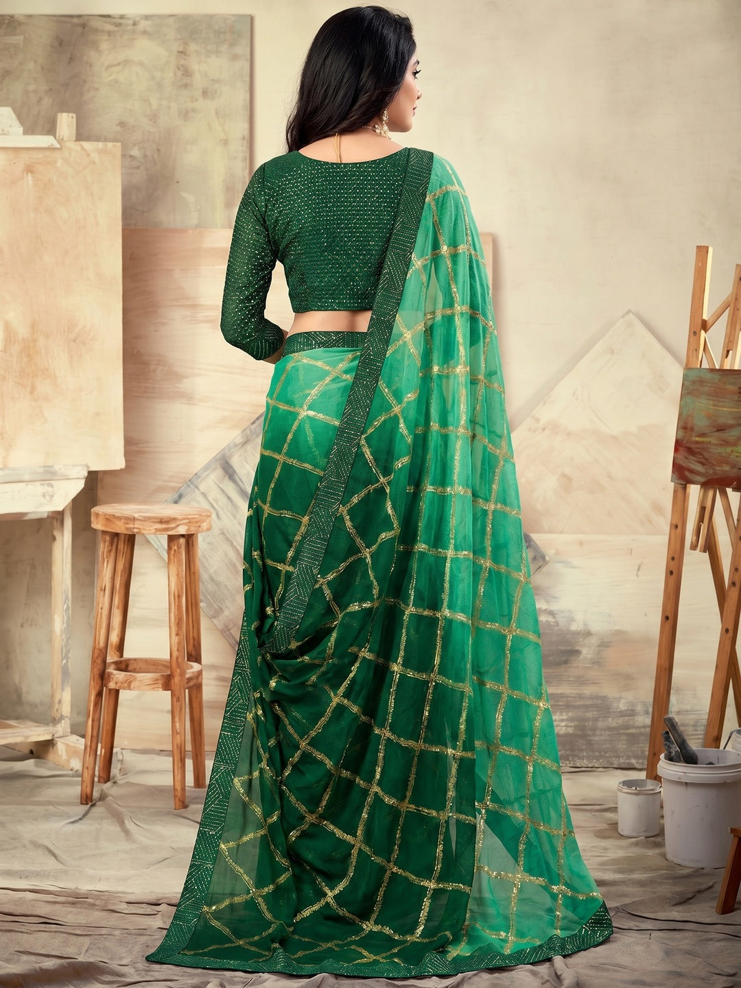 Green Casual Wear Printed Moss Chiffon Saree - Image 2