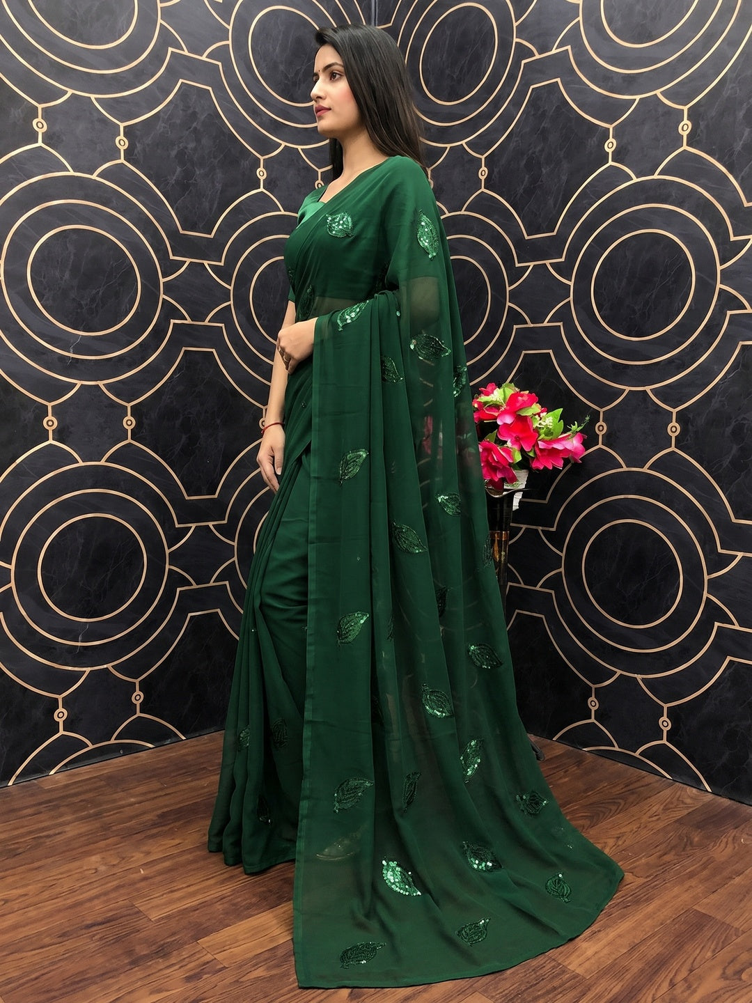 Green Partywear Leaf Sequins Georgette Saree - Image 2