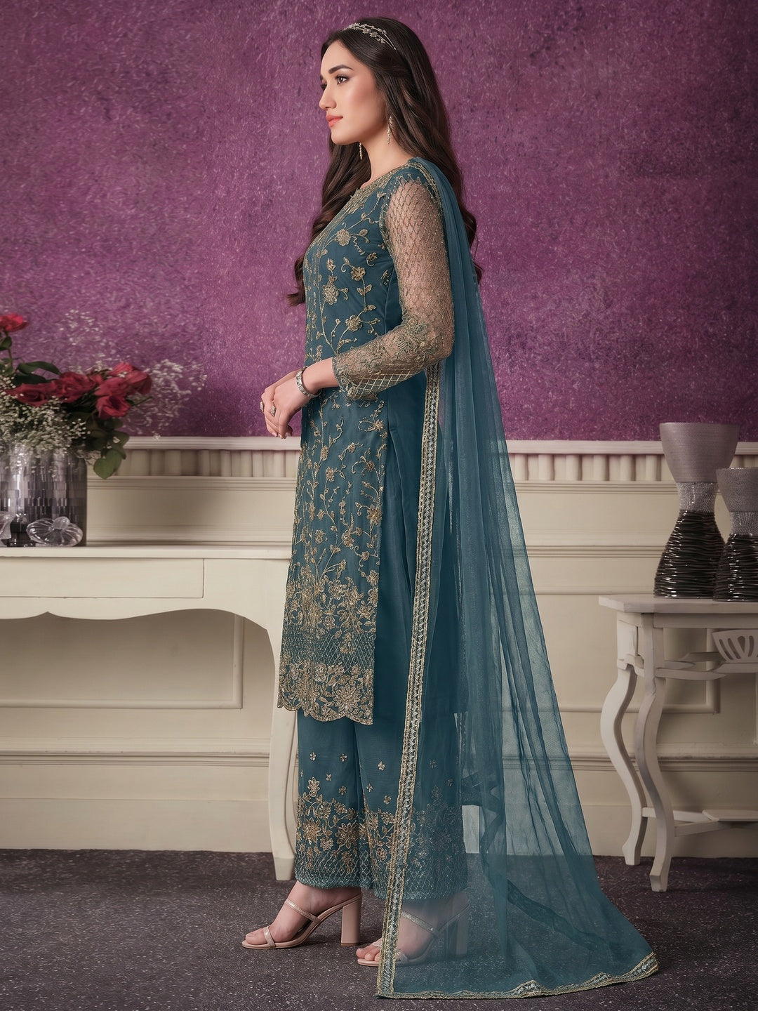 Grey Partywear Embroidered Soft Net Suit - Image 2