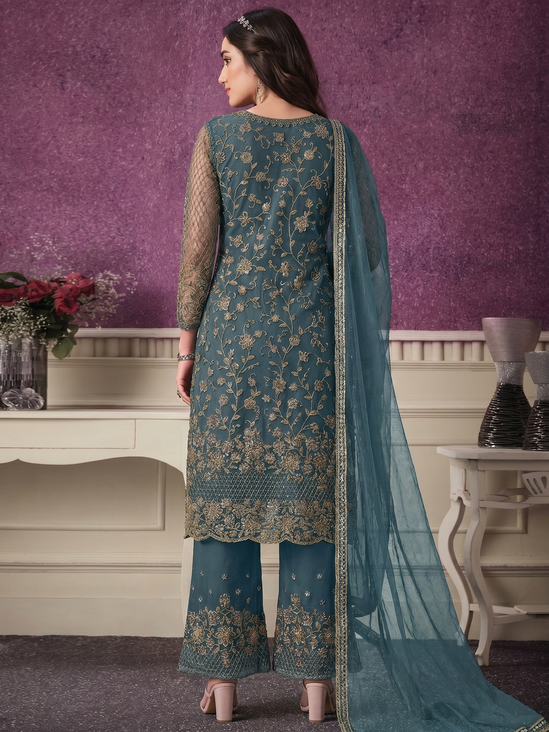 Grey Partywear Embroidered Soft Net Suit - Image 3