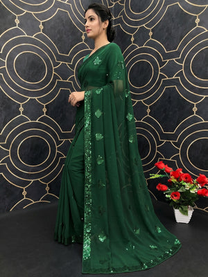 Green Partywear Diamond Sequins Georgette Saree - Image 1