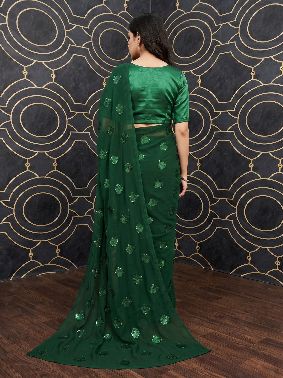 Green Partywear Diamond Sequins Georgette Saree - Image 2