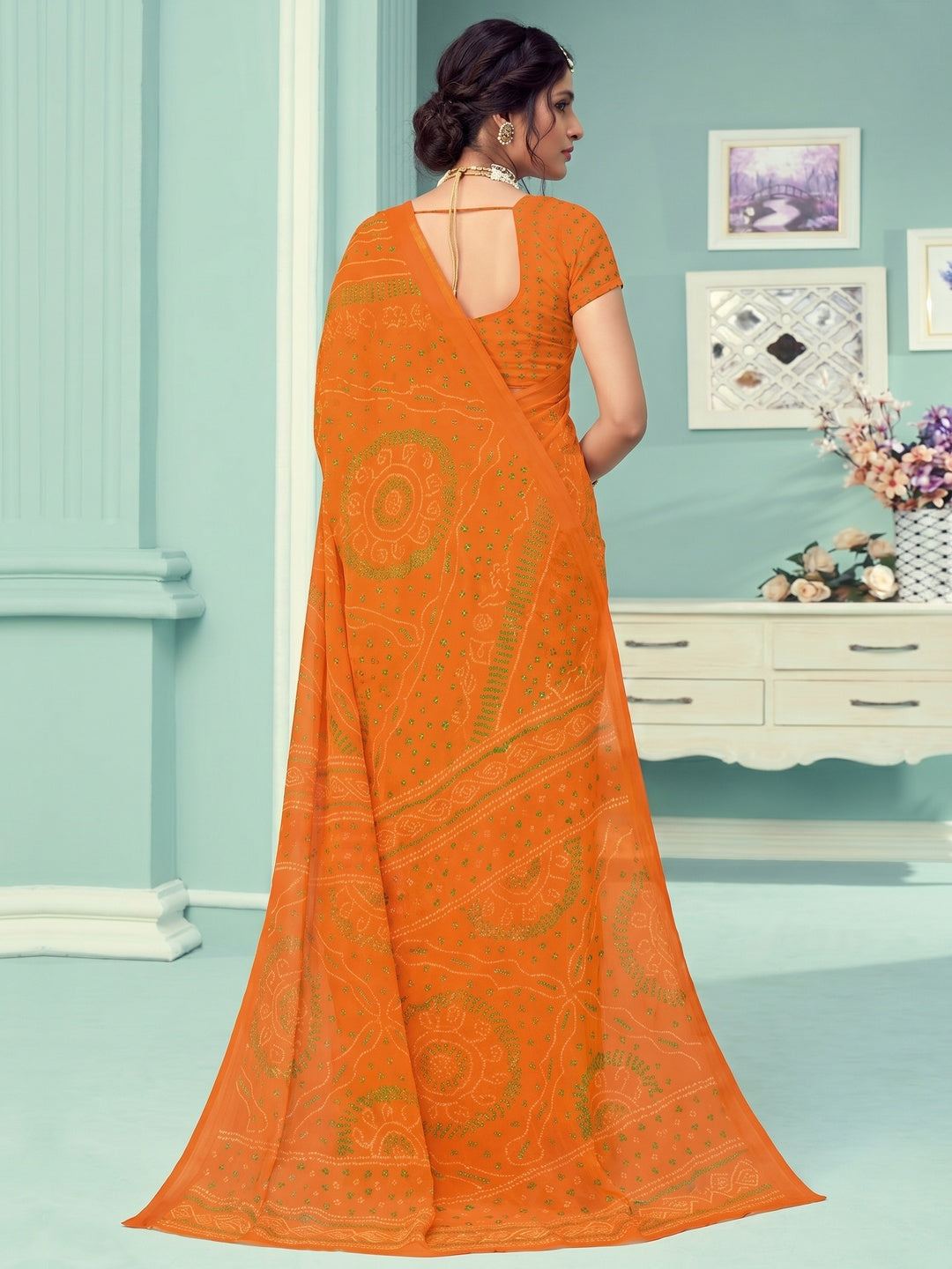 Orange Casual Wear Printed Chiffon Bandhani Saree - Image 1