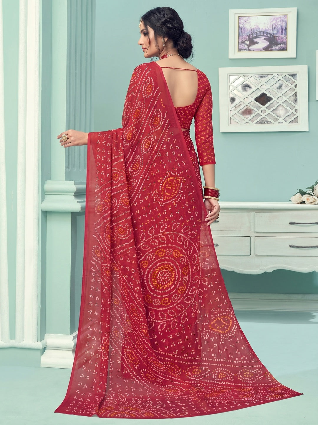 Red Casual Wear Printed Chiffon Bandhani Saree - Image 1