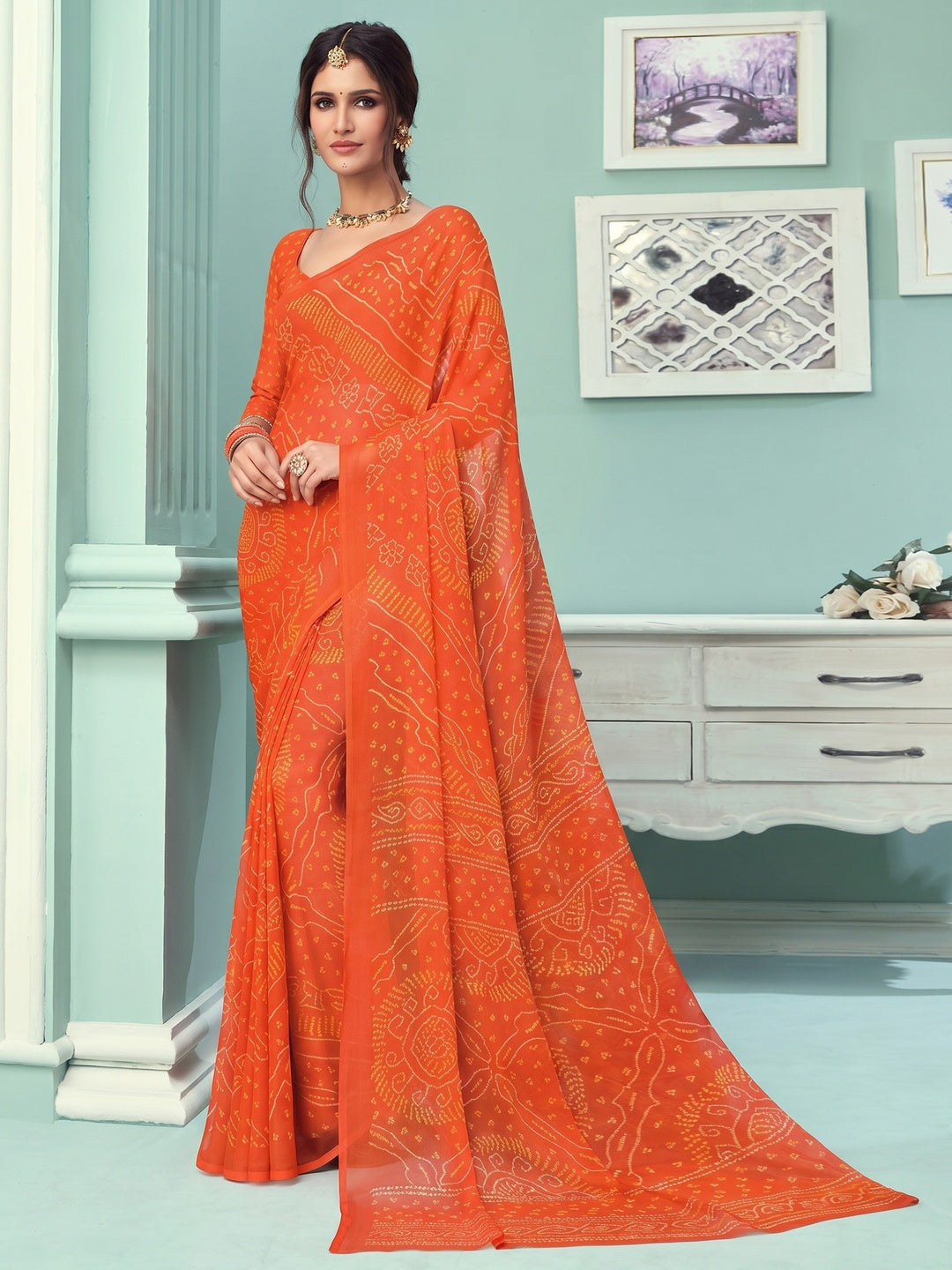 Orange Casual Wear Printed Chiffon Bandhani Saree - Image 1