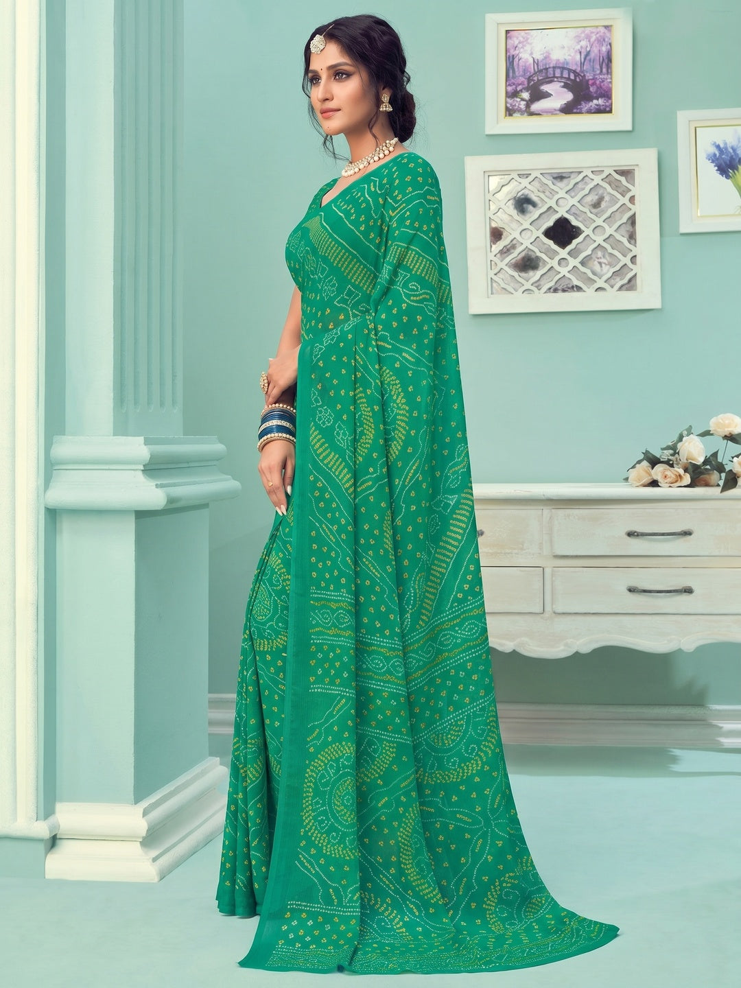 Green Casual Wear Printed Chiffon Bandhani Saree - Image 1