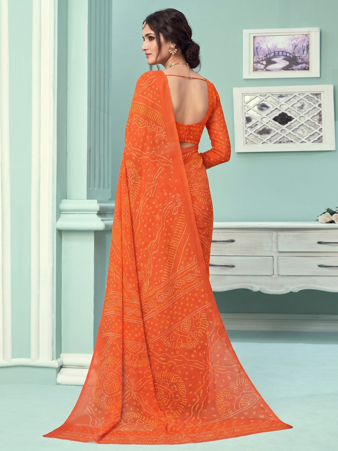 Orange Casual Wear Printed Chiffon Bandhani Saree - Image 2