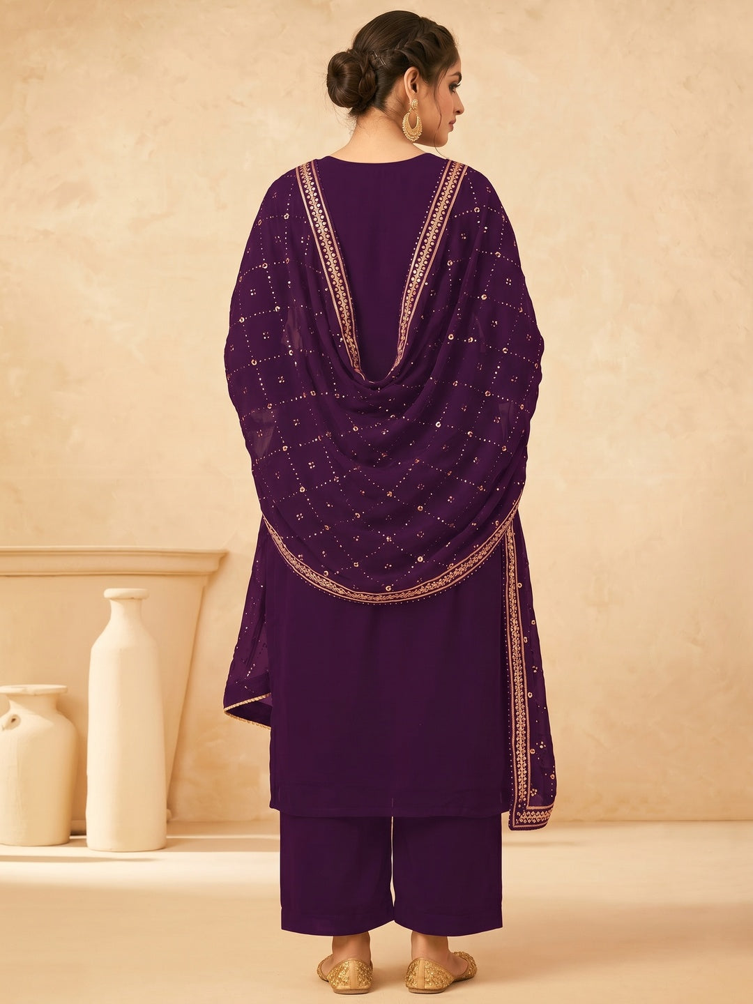 Purple Partywear Sequins Work Real Georgette Palazzo Suit - Image 1