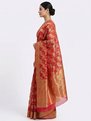 Red Festive Wear Woven Organza Saree - Image 2