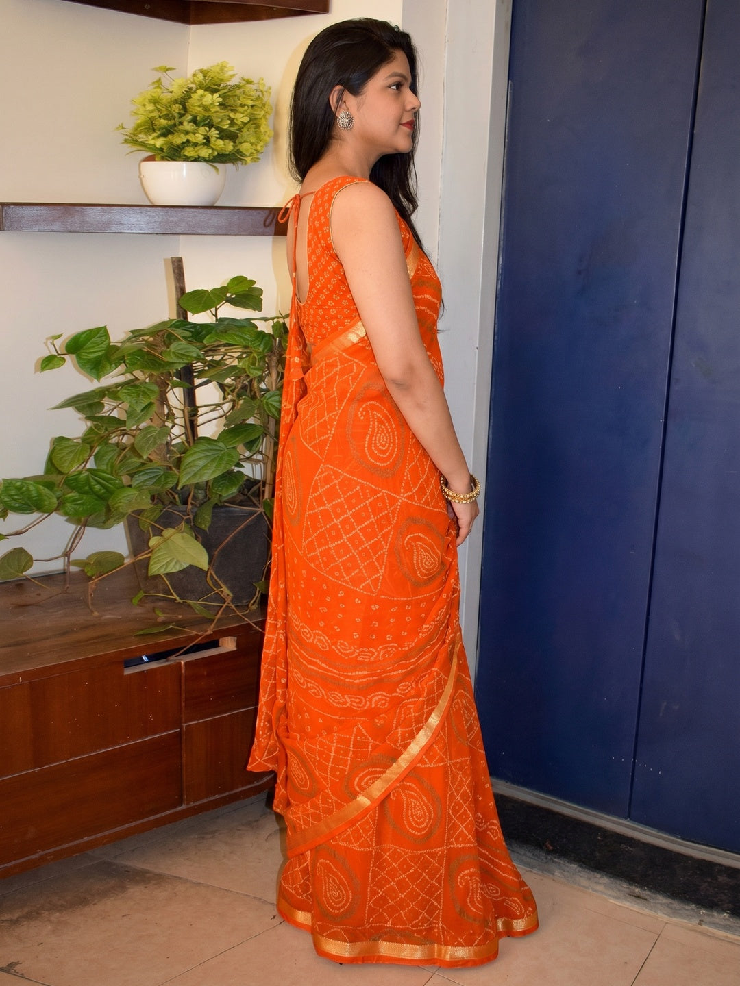Orange Casual Wear Bandhani Printed Georgette Saree With Fancy Lace - Image 1