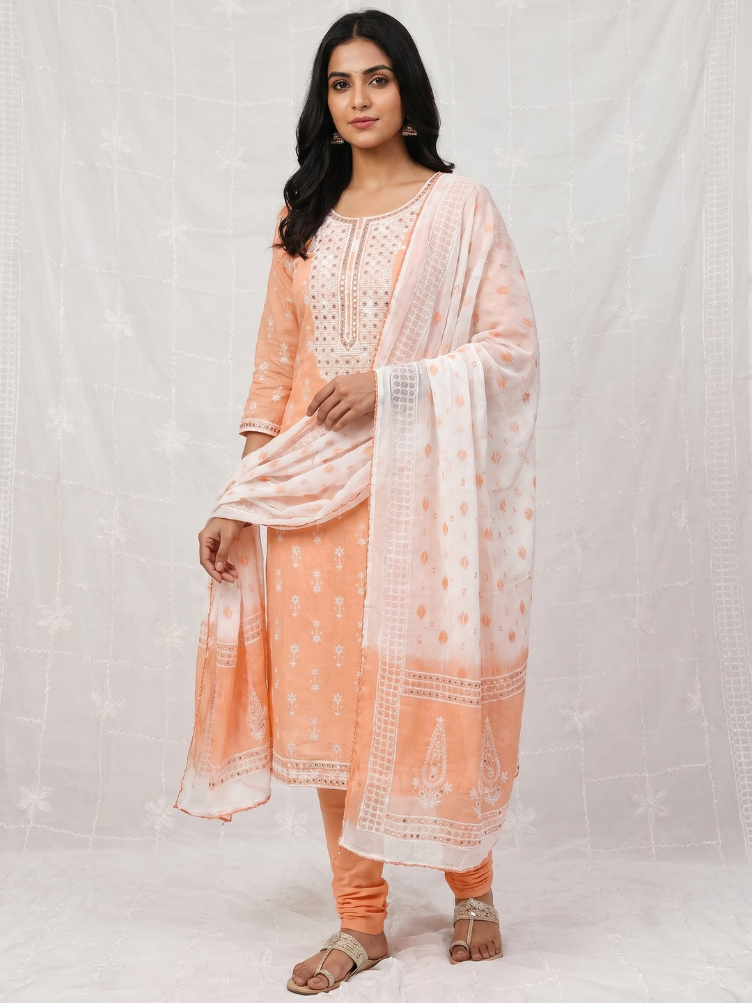 Peach Casual Wear Sequins Embroidery with Printed Cotton Dress Material - Image 1