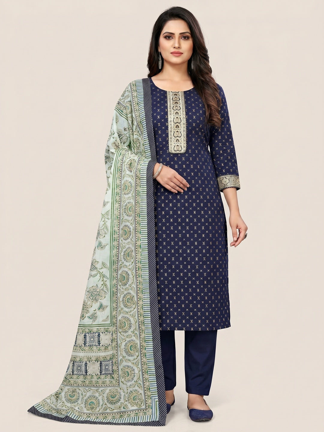 Blue Casual Wear Sequins Embroidered Cotton Dress Material - Image 1