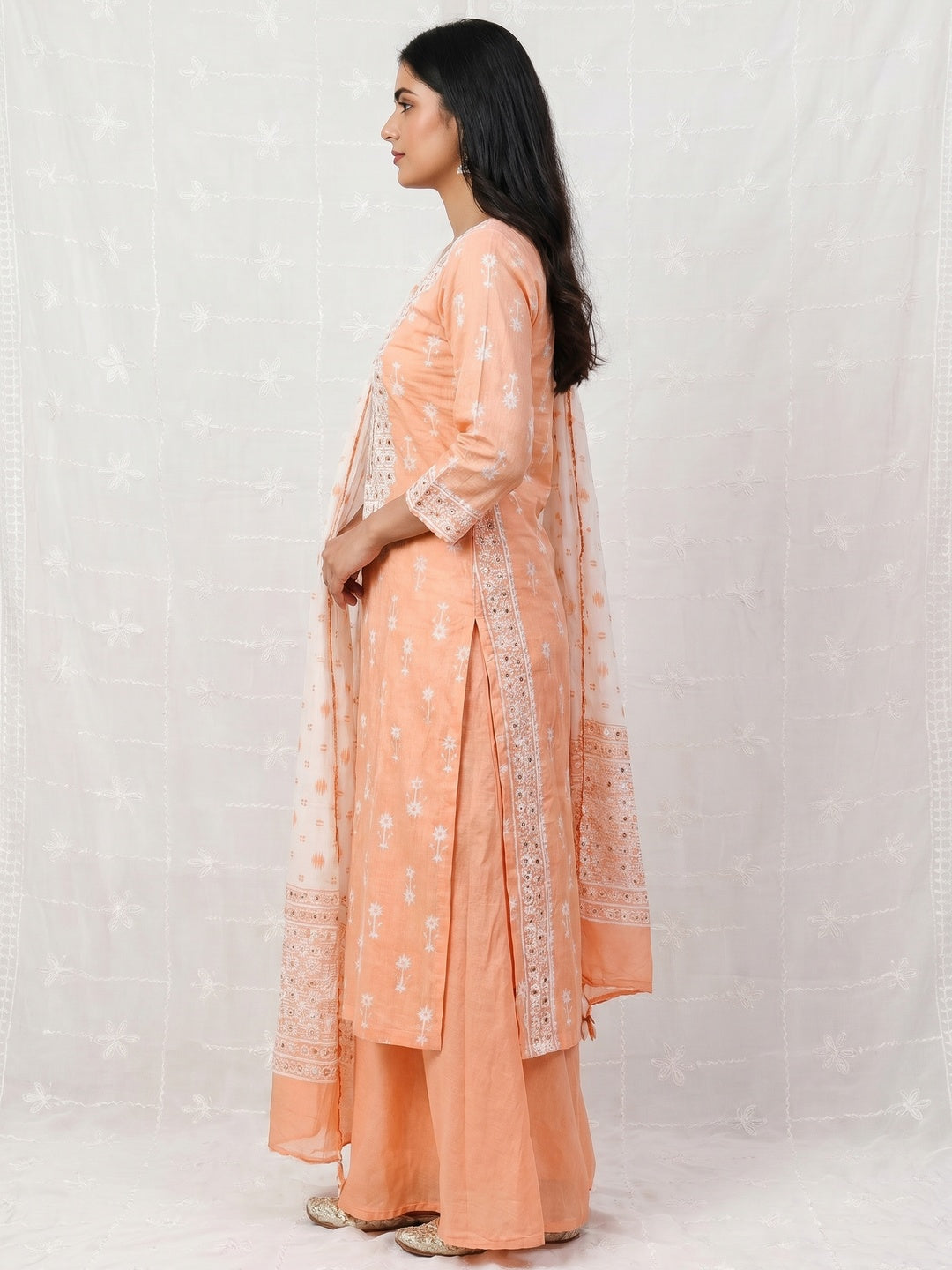 Peach Casual Wear Sequins Embroidery with Printed Cotton Dress Material - Image 3