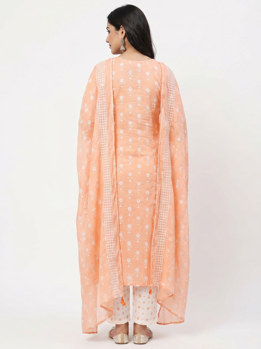 Peach Casual Wear Sequins Embroidery with Printed Cotton Dress Material - Image 2
