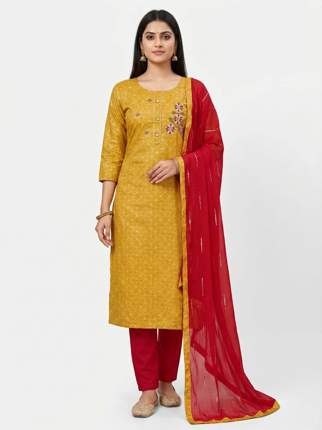 Mustard Casual Wear Sequins & Printed Cotton Dress Material - Image 1