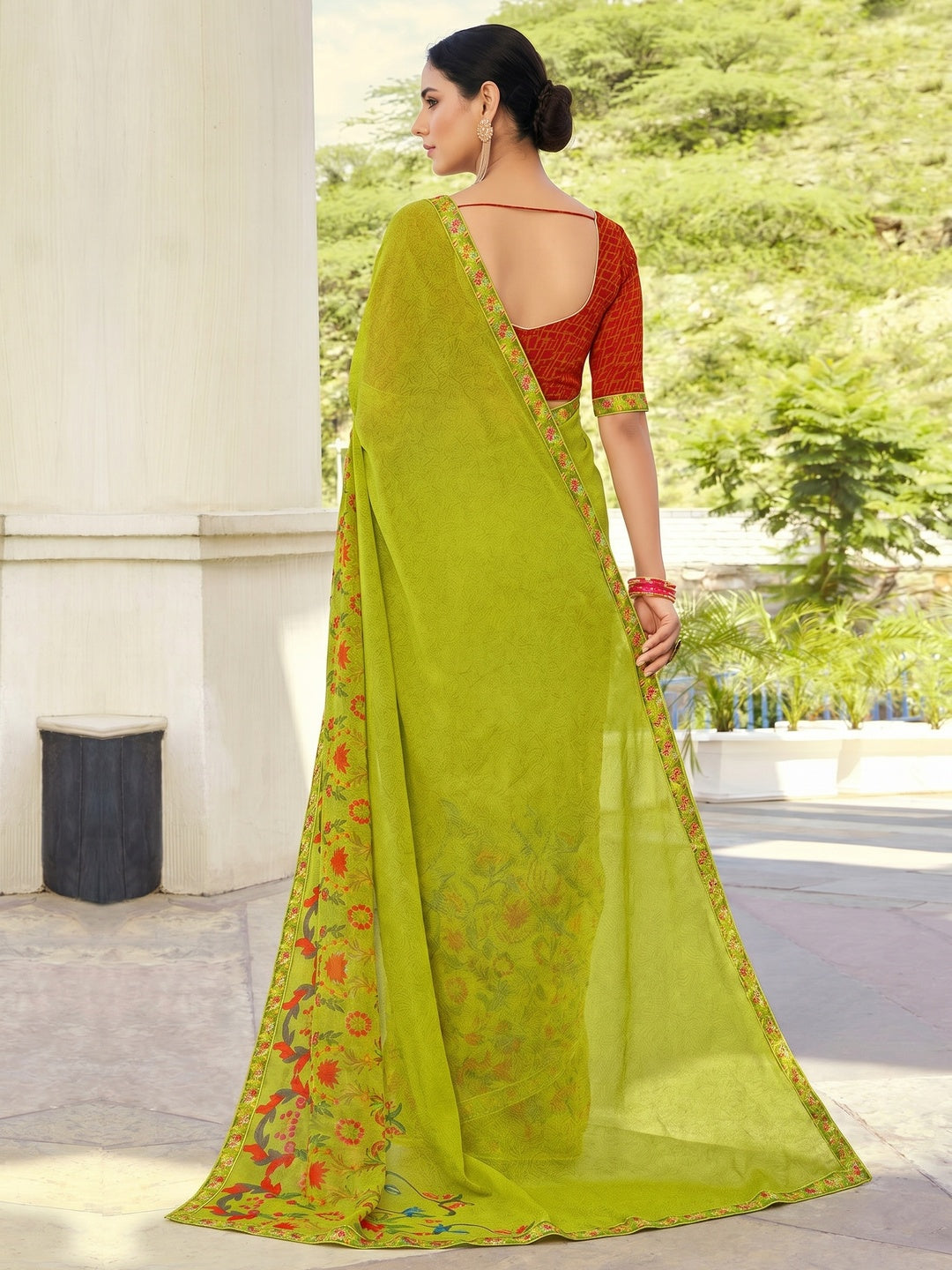 Light Green Partywear Printed Georgette Saree - Image 1