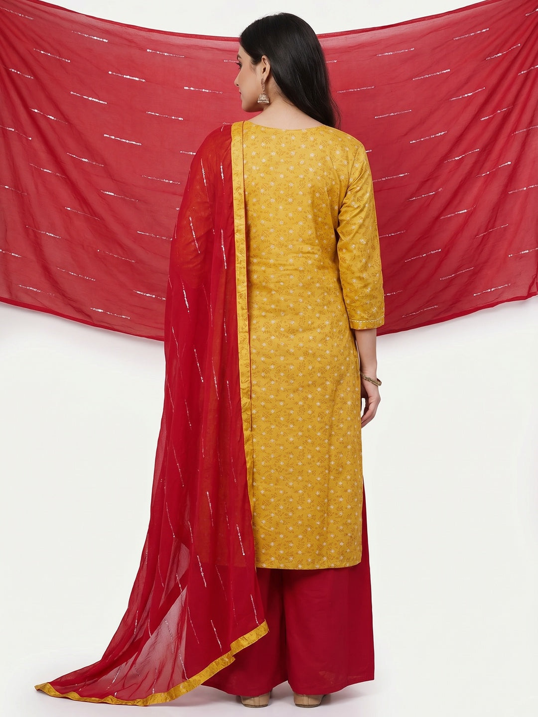 Mustard Casual Wear Sequins & Printed Cotton Dress Material - Image 2