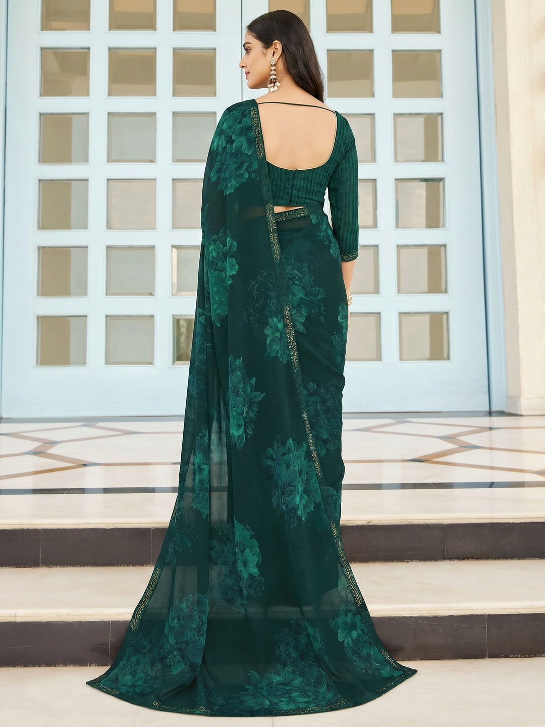 Teal Green Partywear Floral Printed Georgette Saree - Image 1