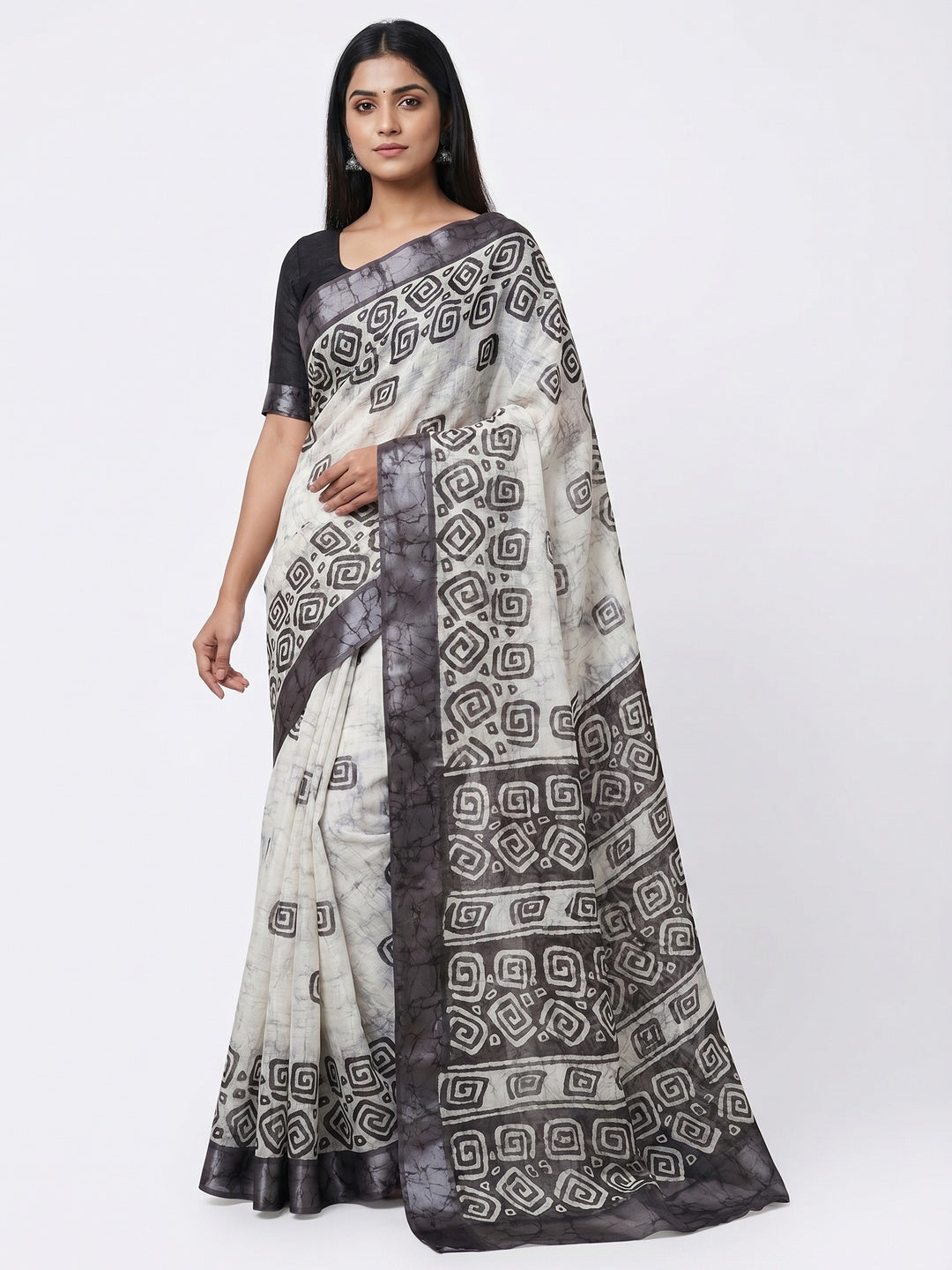 Black Digital Printed Linen Saree - Image 1