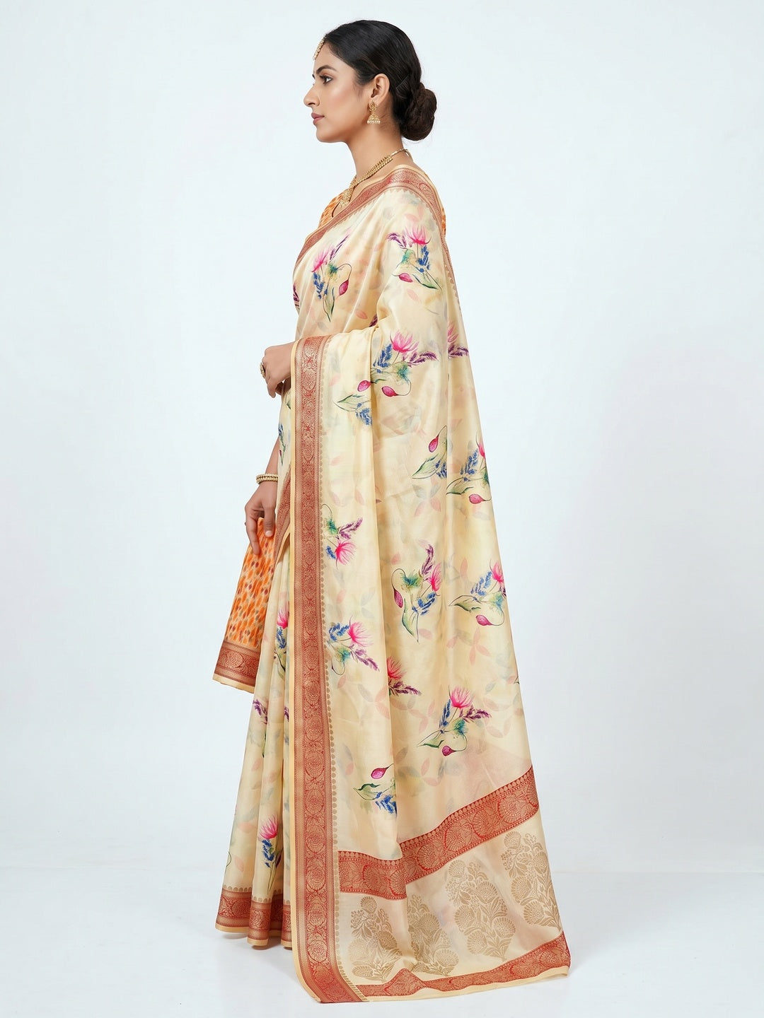 Cream Festive Wear Digital Printed Soft Silk Saree With Jacquard Border - Image 3