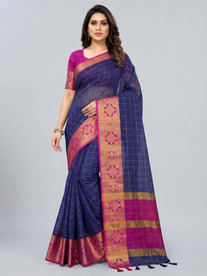 Navy Blue Woven Organza Saree - Image 1