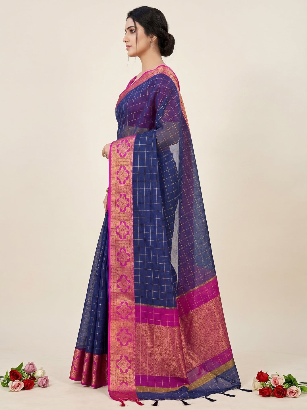 Navy Blue Woven Organza Saree - Image 3