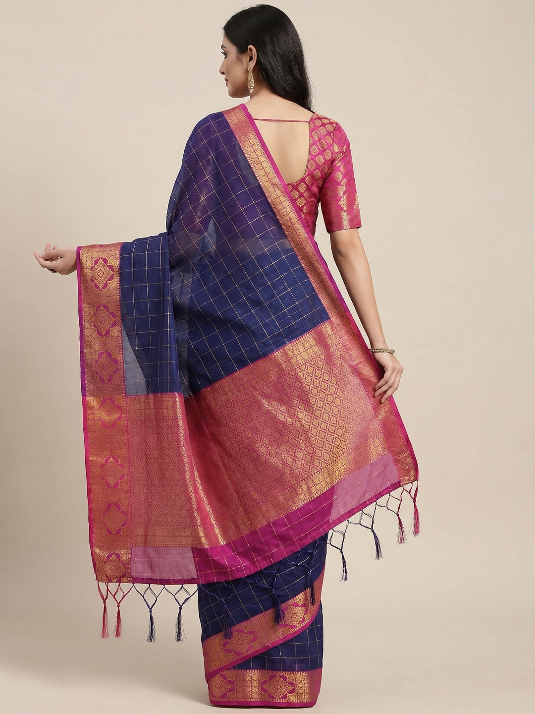 Navy Blue Woven Organza Saree - Image 2