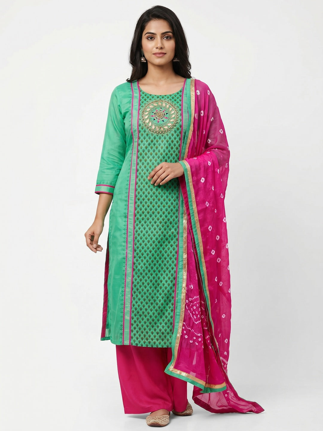 Green Festive Wear Printed With Handwork Modal Dress Material - Image 1