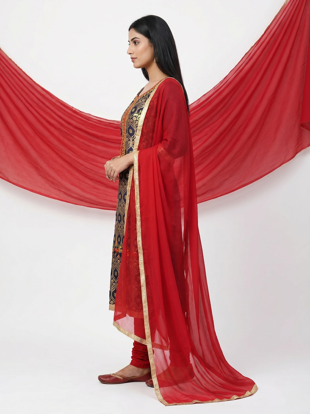 Dark Navy Blue Festive Wear Floral Embroidered Cotton Dress Material - Image 2
