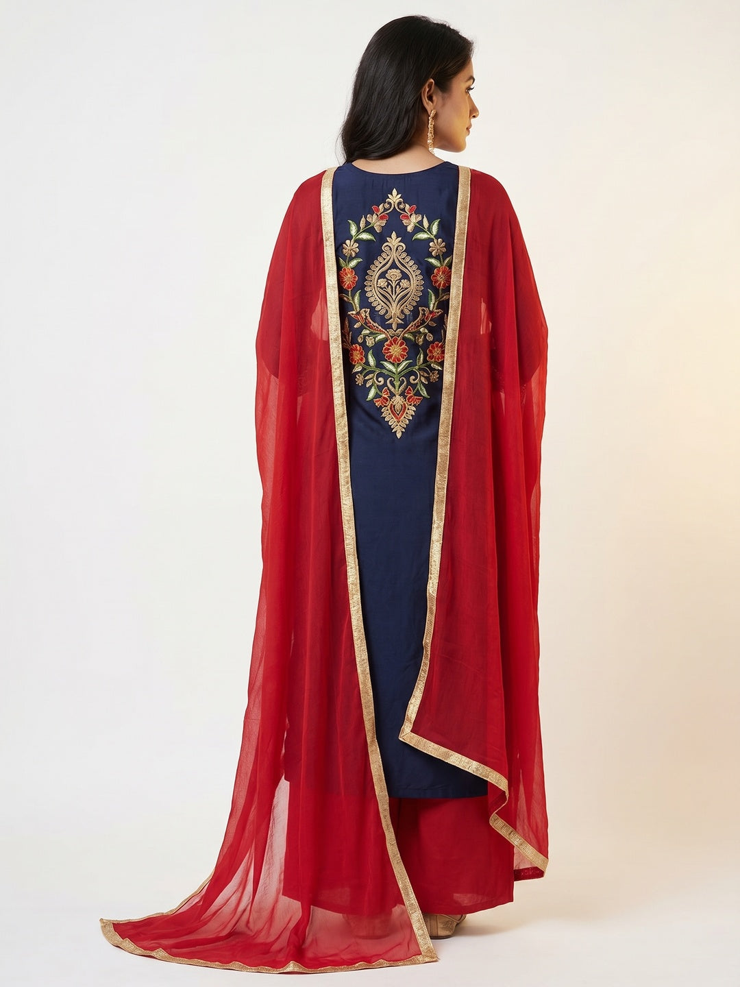 Dark Navy Blue Festive Wear Floral Embroidered Cotton Dress Material - Image 3