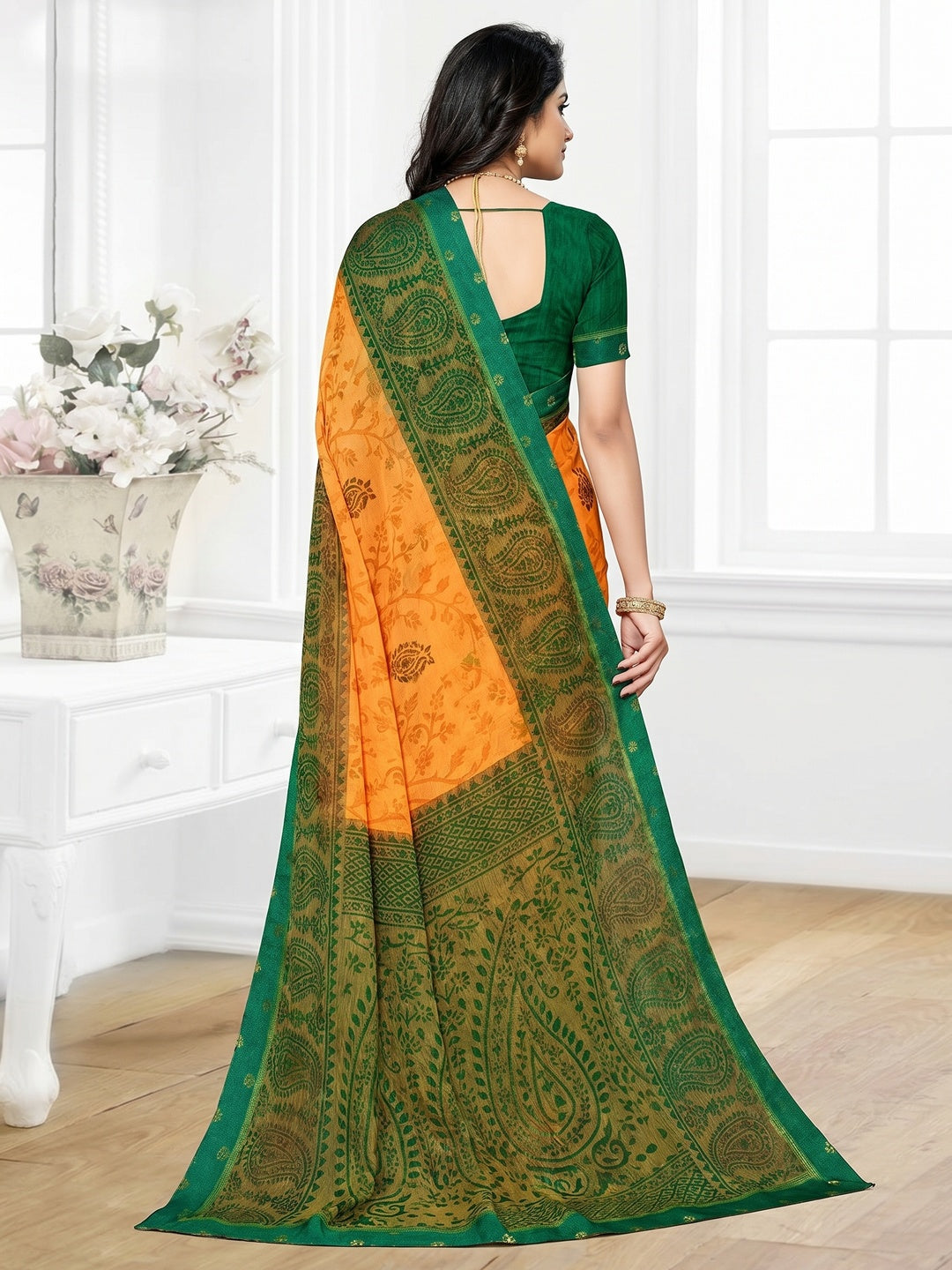 Light Orange Casual Wear Printed Brasso Chiffon Saree - Image 1
