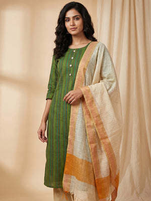 Green Printed Cotton Silk Dress Material - Image 1