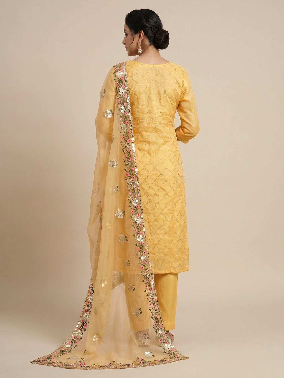 Yellow Festive Wear Embroidered Chanderi Dress Material - Image 3