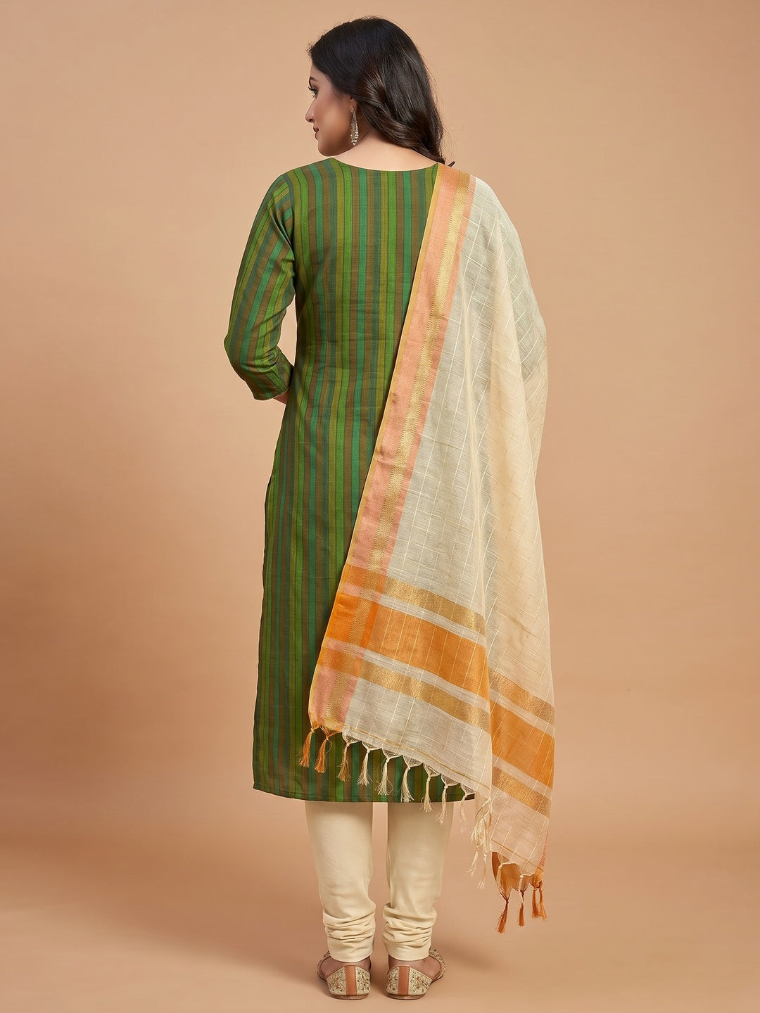 Green Printed Cotton Silk Dress Material - Image 3