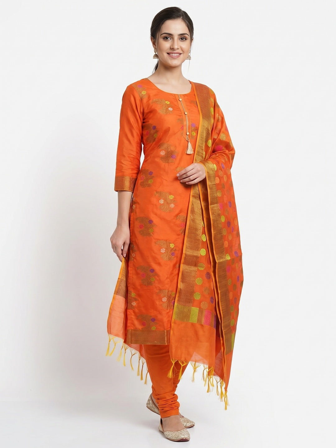 Orange Festive Wear Floral Woven Banarasi Silk Dress Material - Image 1