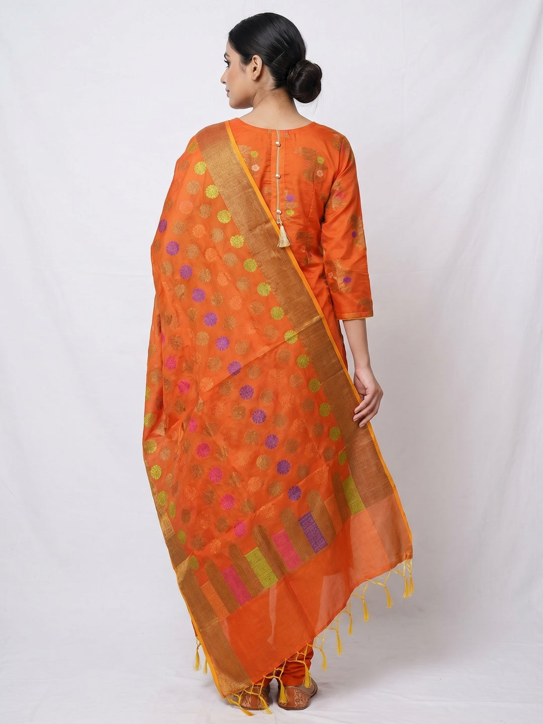 Orange Festive Wear Floral Woven Banarasi Silk Dress Material - Image 3