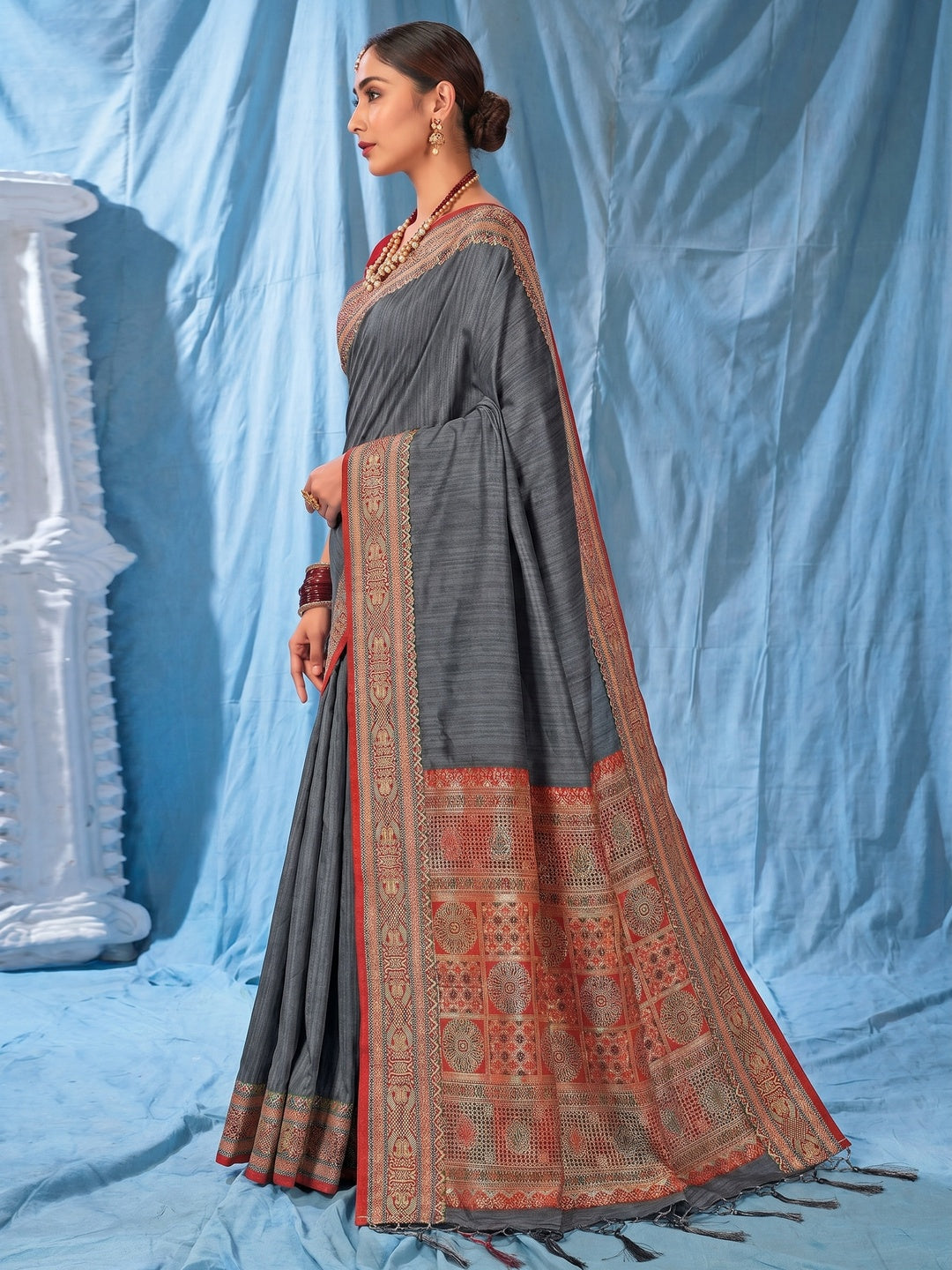 Grey Woven Art Silk Saree With Tassels - Image 3