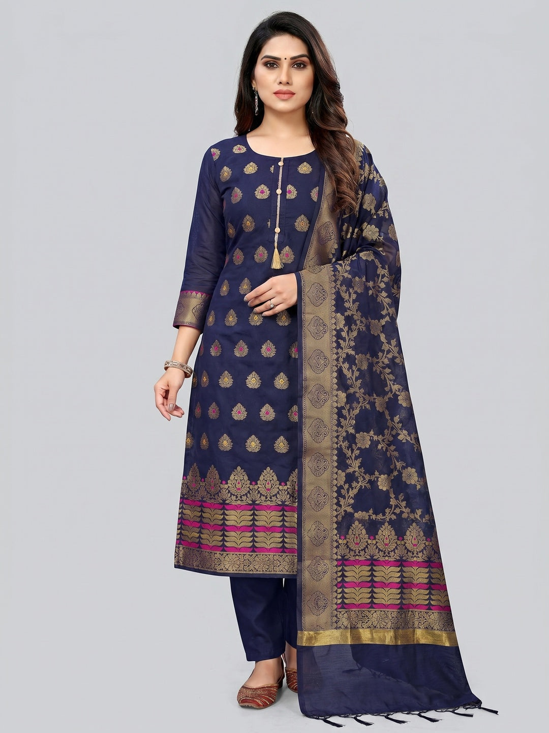 Navy Blue Festive Wear Woven Work with Tassels Banarasi Jacquard Dress Material - Image 1