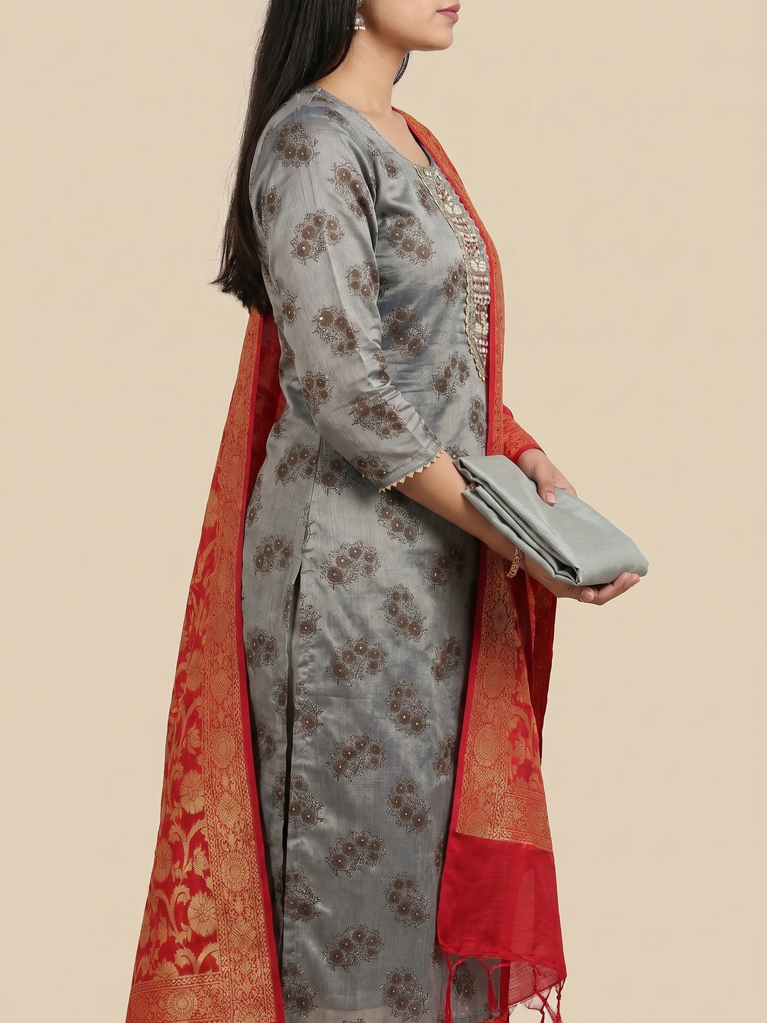 Grey Festive Wear Embroidered Floral Printed Chanderi Dress Material - Image 3